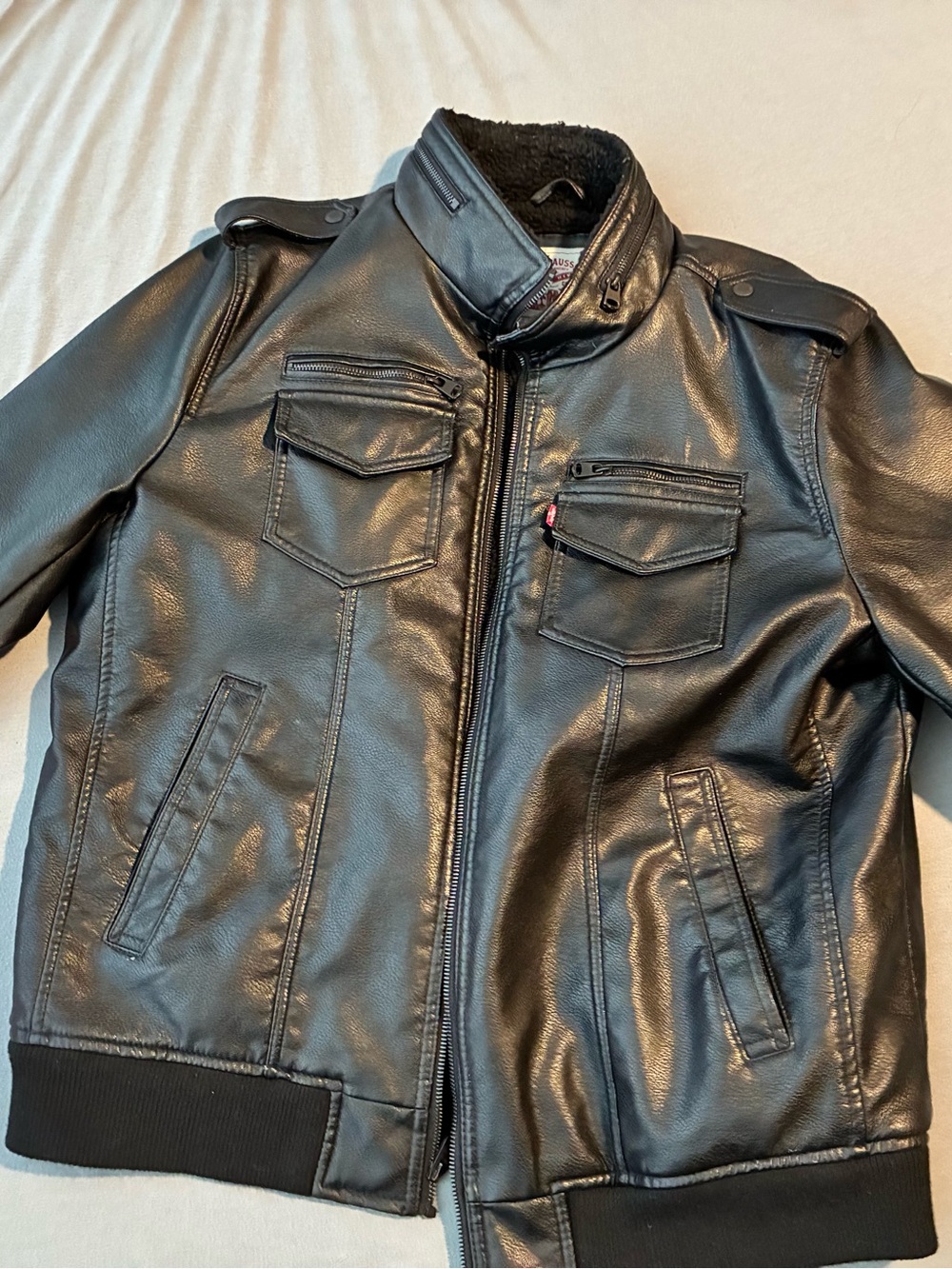 Men's Black Faux Leather Bomber Jacket - Levi XL